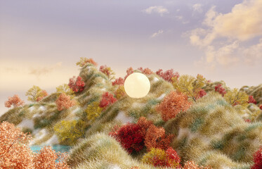 Abstract Autumn landscape scene with a moon. 3d rendering.