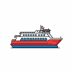 Red ferry boat on white background. Ferry boat, transportation vessel, and ferry boat for carrying passengers or cargo across water.