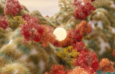 Abstract Autumn landscape scene with a moon. 3d rendering.