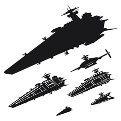 Collection of silhouetted futuristic spaceships and starships in various sizes and designs floating in space © arshad