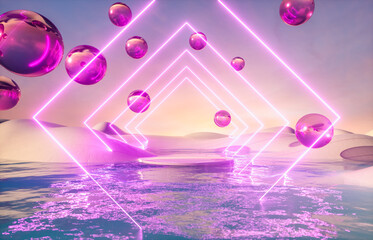 Futuristic winter landscape background with neon light and spheres. 3d rendering.