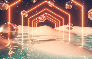 Futuristic winter landscape background with neon light and spheres. 3d rendering.
