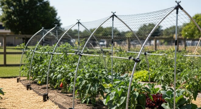 Side view medium shot of adjustable netting frames securely holding bird protection nets over a vegetable garden illustrating practical design features.