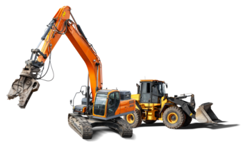 Heavy machinery designed for construction tasks is available for rent, including an excavator and backhoe loader. Perfect for large project needs.