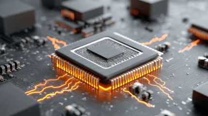 Close-up of a computer processor on a circuit board with glowing elements. a detailed view of a central processing unit, highlighting its intricate design and electrical pathways.