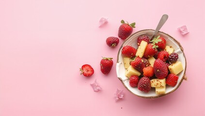 Healthy and tasty fruit mix with gooseberries and raspberries served in a coconut shell on a pastel surface, perfect for breakfast or dessert. Vegan and diet-friendly meal. Overhead shot.