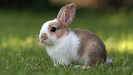Adorable young white and brown rabbit resting on lush greenery