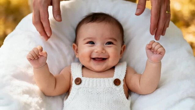Toma cenital de un bebé alegre  sonriendo directamente a la cámara