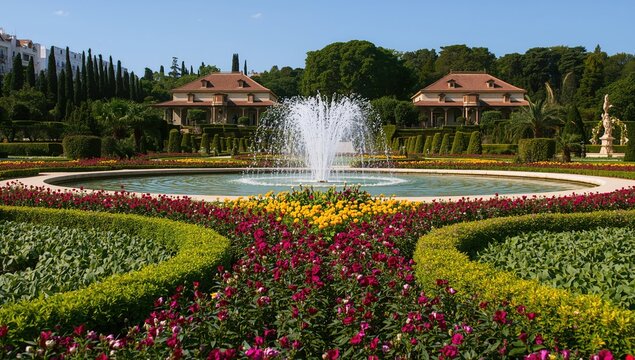 Stunning royal gardens featuring flowers, water, and greenery in a charming town setting