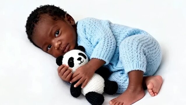 Un bebé  afroamericano sobre un fondo blanco con su oso panda