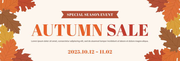 A horizontal "AUTUMN SALE" banner decorated with fallen leaves. Its warm and inviting design is perfect for e-commerce, retail promotions, seasonal events, and website headers.