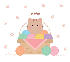 A cute cat sitting in a basket filled with yarn. The background features pink paw prints. Ideal for pets, knitting, crafts, hobbies, children's designs, and cozy fall and winter content themes.