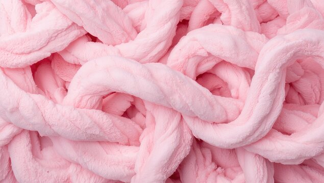 Soft pastel pink marshmallow ropes twisted into a layered, fluffy arrangement with gentle curves and subtle striped patterns