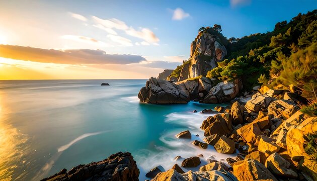 Serene sunrise over a rocky coast, turquoise water with smooth wave action