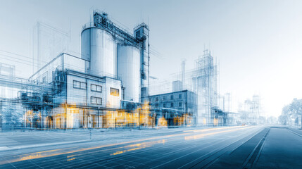 Obraz premium Abstract industrial plant illustration with storage tanks and pipelines. conceptual image depicts a modern industrial facility with a focus on technology and infrastructure.