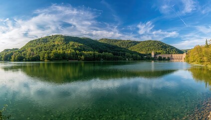 Man-made Bovan Reservoir created by damming in 1978 within the Morava watershed for hydroelectric power generation.
