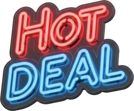 Bright neon hot deal sign with glowing red and blue lights isolated on transparent background