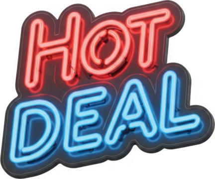 Bright neon hot deal sign with glowing red and blue lights isolated on transparent background