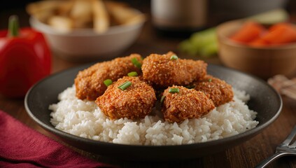 Close-up of crispy chicken and rice in a warm, inviting home dining scene