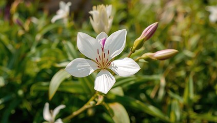 Fototapeta premium White Cleome hassleriana flower in a green garden setting during spring and summer
