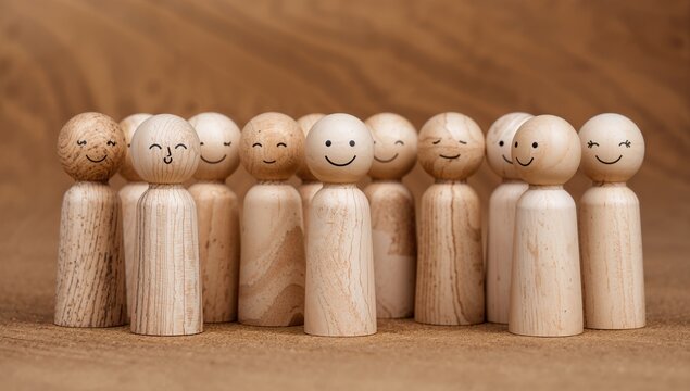 Collection of wooden peg dolls alongside a single smiling peg doll