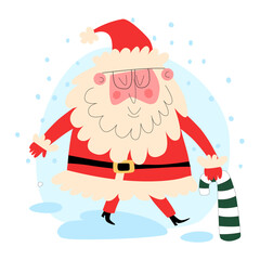 Vector image of a cute Santa Claus with a cup of warm tea walking through the snow, holding a donut in his hands. Santa Claus is climbing out of a gift box. Santa Claus is carrying gifts.