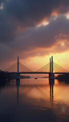 Normandy Bridge at dusk. Elegant suspension bridge in golden light.