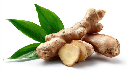 Fototapeta premium A ginger roots, cut in half and with green leaves on top, isolated on a white background.