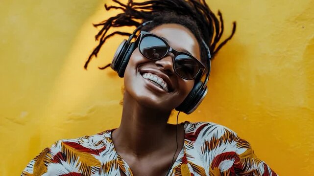 A smiling woman with dreadlocks and sunglasses, wearing headphones