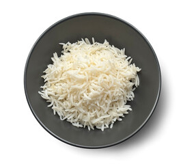 boiled long grain rice in black bowl