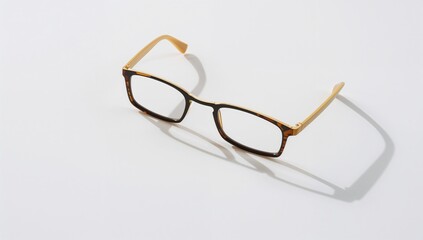 Rear view of yellowish-brown frame glasses featuring slim black rims and elongated rectangular lenses, casting a shadow on a white tabletop, isolated