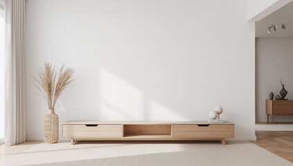 Interior of a minimalist white room featuring natural wooden furniture against a plain wall