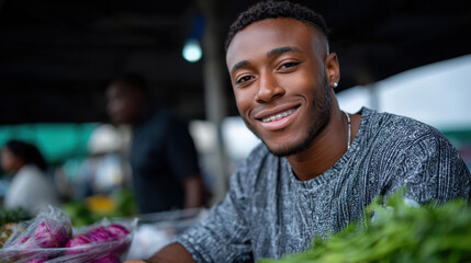 A cheerful young man with a wide smile stands at a farmers market, showcasing fresh produce and a lively atmosphere, connecting with the community through vibrant food choices.