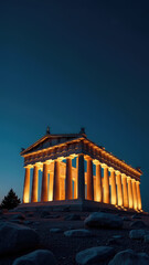 Enchanting night view of Parthenon with golden illumination highlighting columns against starry sky. Magical night view of Parthenon with golden illuminated columns against starry sky.