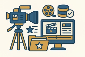 Creative filmmaking tools illustrated with a vintage camera tripod, video editing software interface, digital media folders, and cinematic icons expressing the art of video production