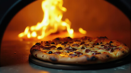 Pepperoni pizza baking in rustic stone oven with warm glow. Baking pizza in the oven.