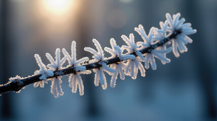 A branch covered in frosty snow
