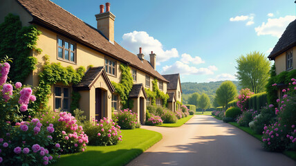 Vibrant view of blooming gardens surrounding picturesque Cotswolds stone cottages under clear blue sky. Vibrant view of blooming gardens around picturesque stone cottages under blue sky.