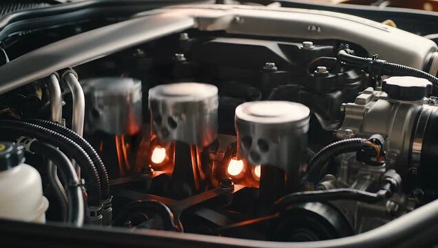 Close-up view of a car engine with illuminated cylinders and various components in a dark setting.