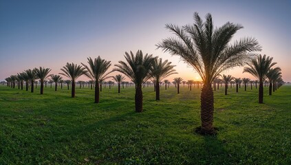Tropical agriculture industry featuring a date palm farm at sunrise captured in multiple panoramic frames