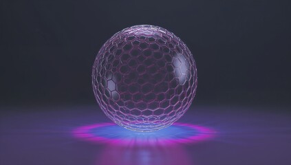 3D visualization of a hexagonal mesh orb with illuminated edges on a reflective surface and subtle central lighting for branding, icons, or merchandise. Theme of security, antivirus, and defense.