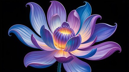 Luminous digital lotus flower vibrant blue purple and gold petals close-up art