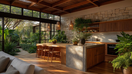 Fototapeta premium Stylish Kitchen with Natural Light: A modern kitchen seamlessly blends indoor and outdoor living with its sleek design, wooden cabinetry, and abundant natural light, creating an inviting space.