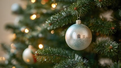 Close-up of a festive ornament hanging on a holiday tree