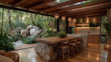 Fototapeta premium Luxury Kitchen in the Heart of Nature: An opulent modern kitchen seamlessly merges with the lush greenery of the outdoors.