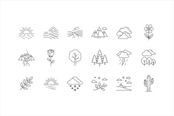 Set of 20 different outline icons for nature and weather vector symbols for user interface and user experience