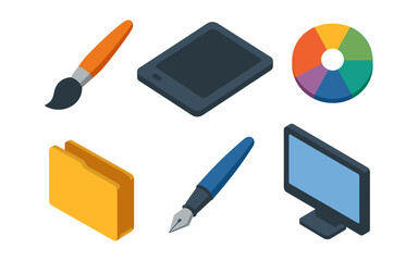 Isometric design tools set: paintbrush, tablet, color wheel, folder, pen, monitor