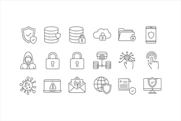 Hand drawn security icons set of data protection elements, including shield, database, cloud, lock, and surveillance
