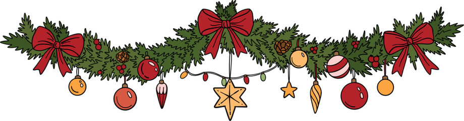 Hand-drawn doodle illustration of a festive Christmas garland with pine branches, bow, ornaments and lights. Cozy seasonal decoration, perfect for cards, borders and holiday design projects.