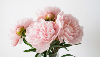 Fototapeta premium Delicate pink peonies arranged against a white backdrop
